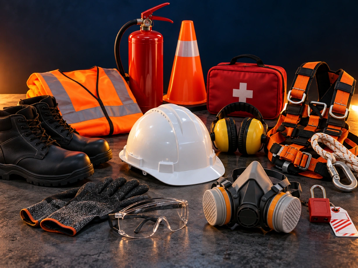 Equipo de protección personal y de seguridad industrial: casco, lentes, guantes, botas, arnés, extintor y botiquín