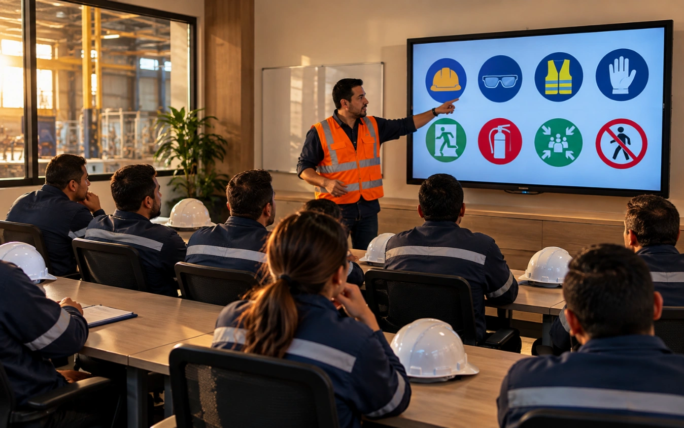 Instructor impartiendo capacitación básica de protección civil a trabajadores