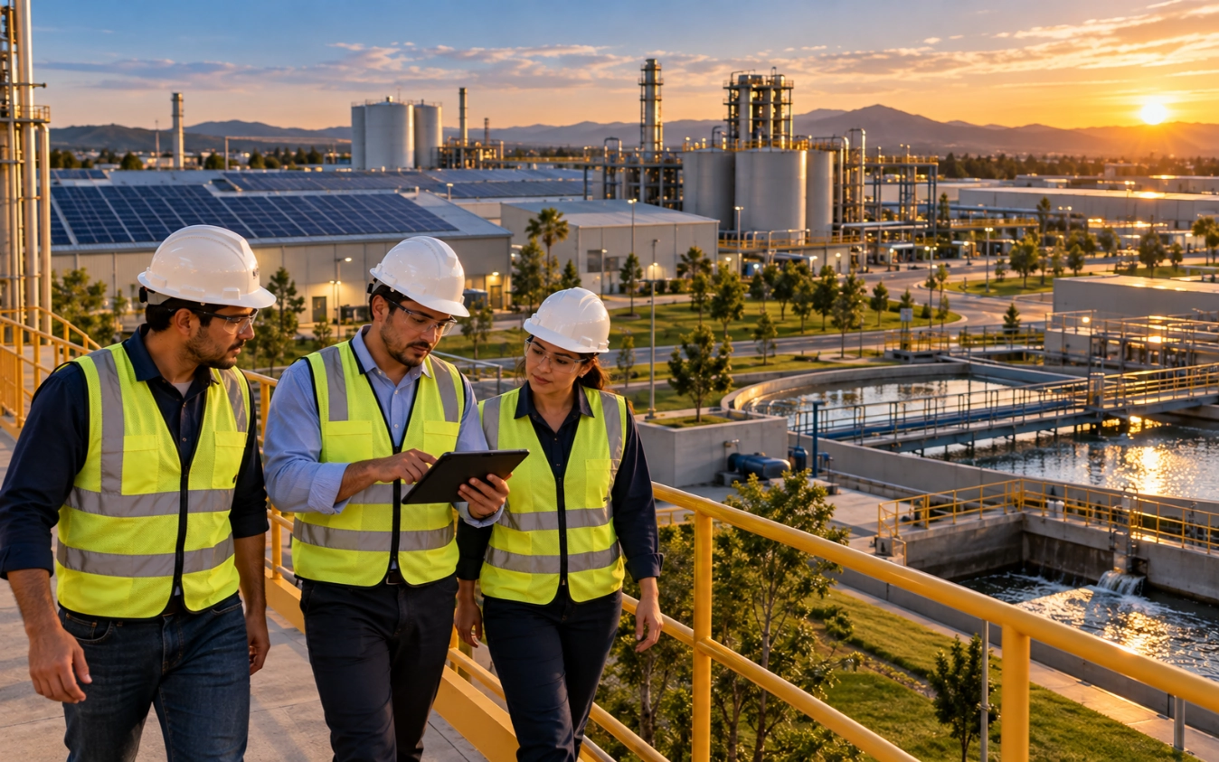 Auditores ambientales recorriendo planta industrial con áreas verdes y paneles solares