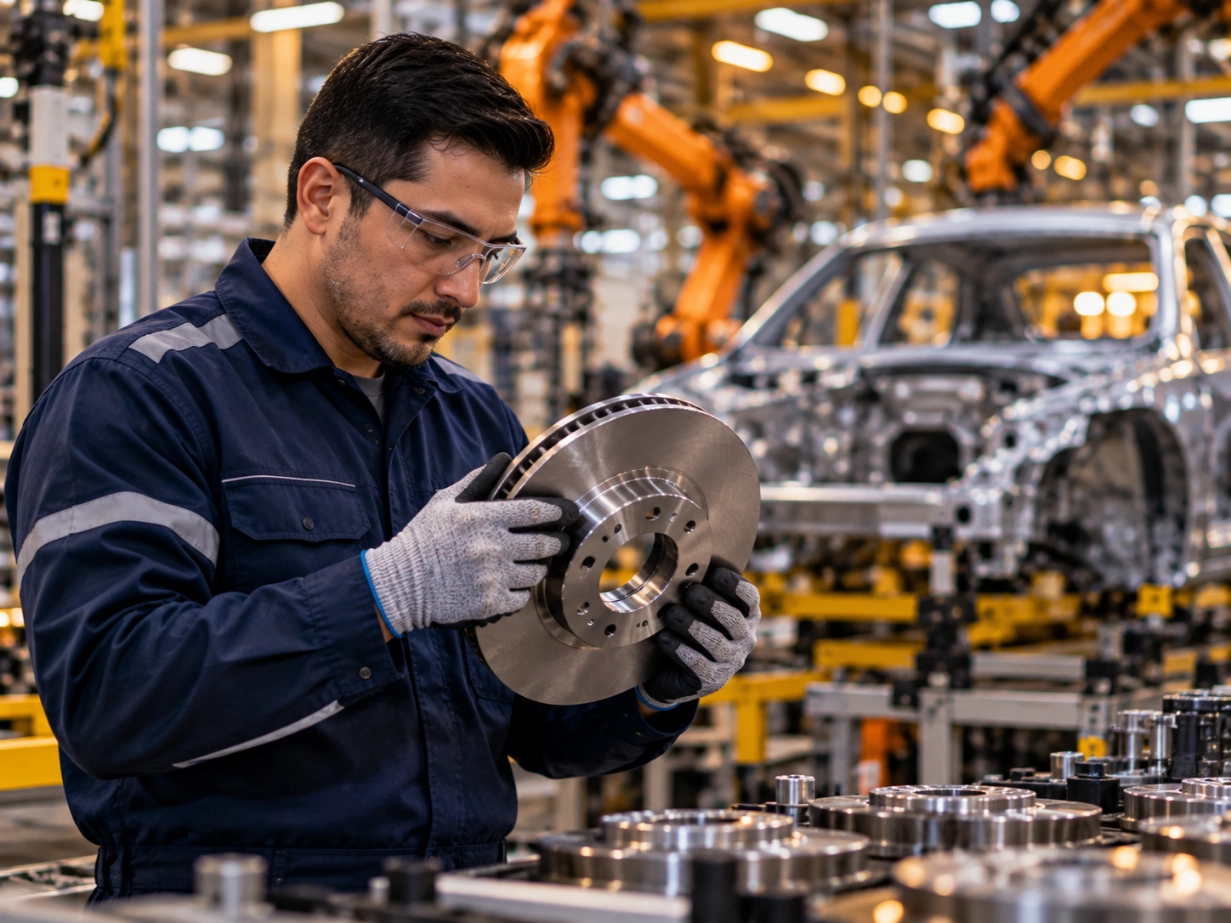 Ingeniero de calidad inspeccionando componente automotriz en línea de ensamble · IATF 16949