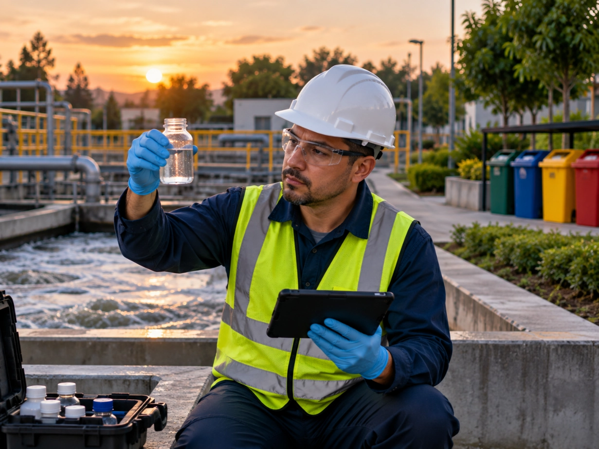 Técnico ambiental tomando muestra de agua en planta de tratamiento · ISO 14001