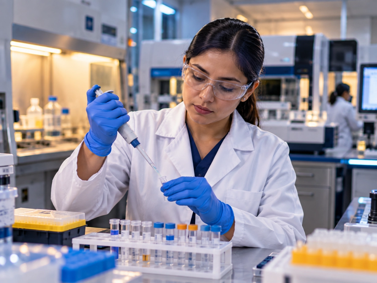 Química clínica trabajando con micropipeta en laboratorio · ISO 15189