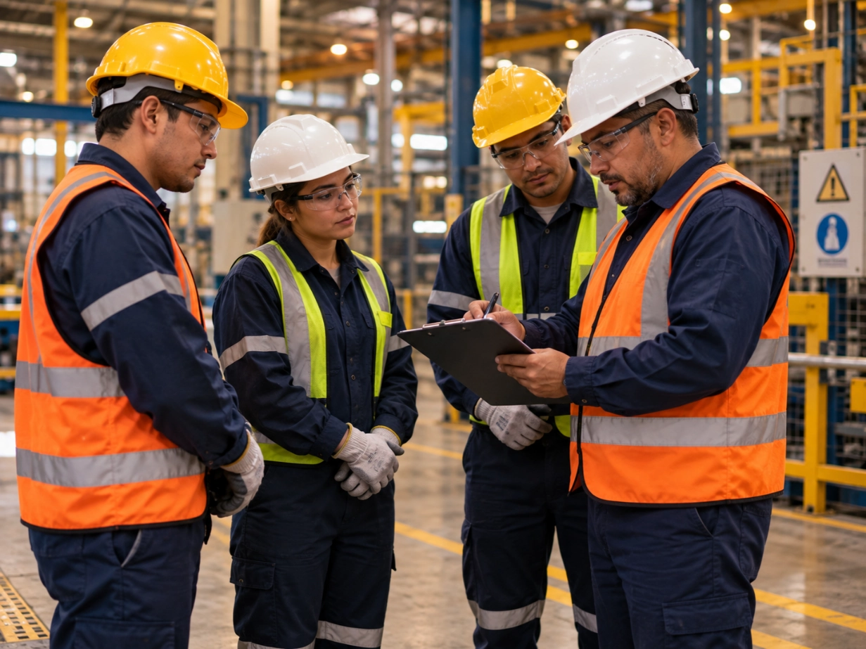 Supervisor de seguridad revisando lista de verificación con trabajadores con EPP · ISO 45001