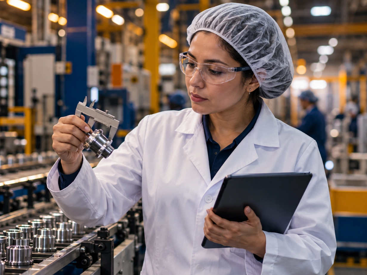 Ingeniera de calidad inspeccionando piezas en línea de producción · ISO 9001