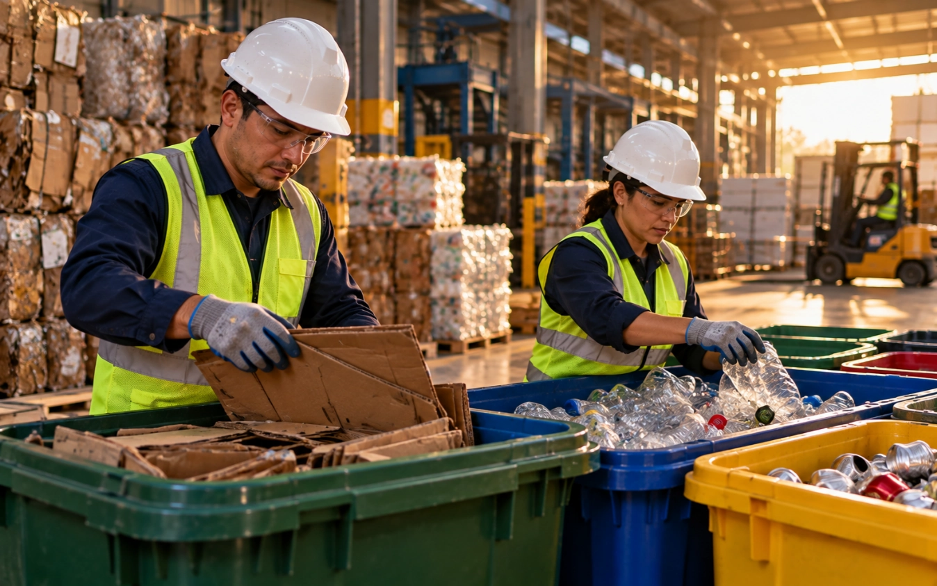Trabajadores separando residuos en estación de reciclaje industrial