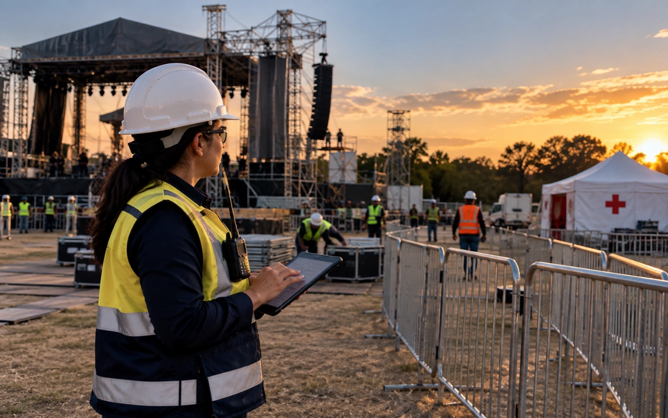 Coordinadora de protección civil supervisando el montaje de un evento masivo
