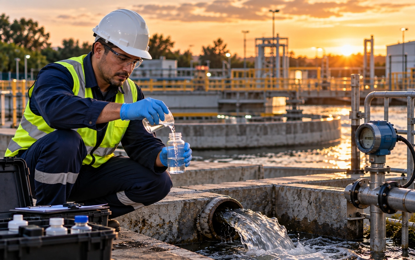 Técnico ambiental tomando muestra de agua en punto de descarga de una planta